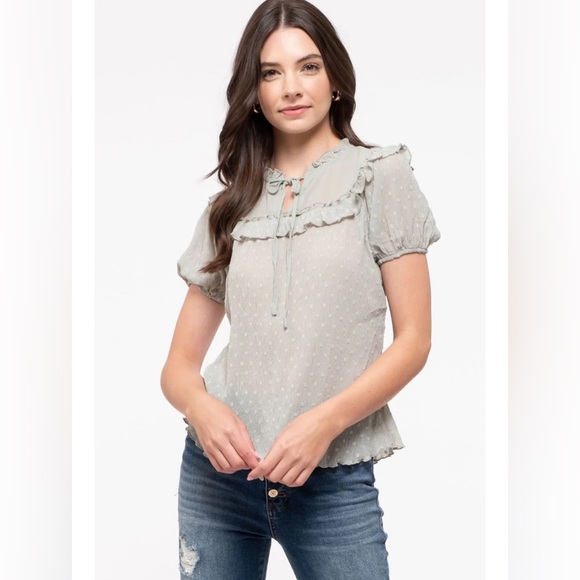 Sweet Wanderer Tops - SWEET WANDERER Sage Green Ruffle Neckline Polka Dotted Sheer Blouse Size Large